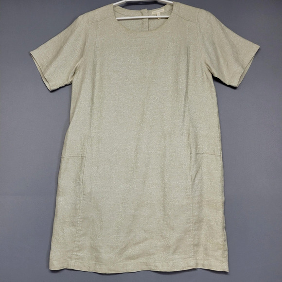 Eileen Fisher Dress Womens Large Beige Metallic Organic Linen Shift Lagenlook - Picture 1 of 14